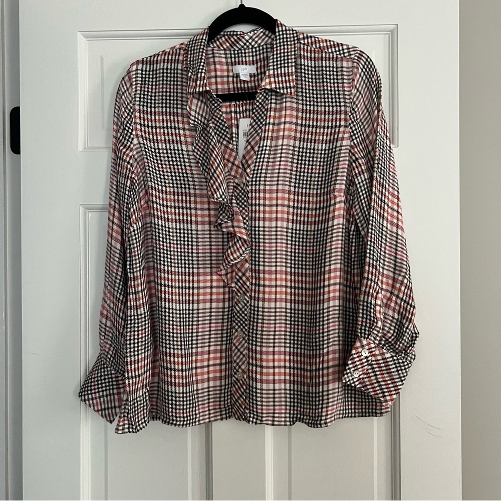 J. Jill Tearose Ruffle Button Down Plaid Long Sleeve Button Down Blouse - PM NWT